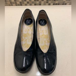 Fly London black patent Yaz wedge